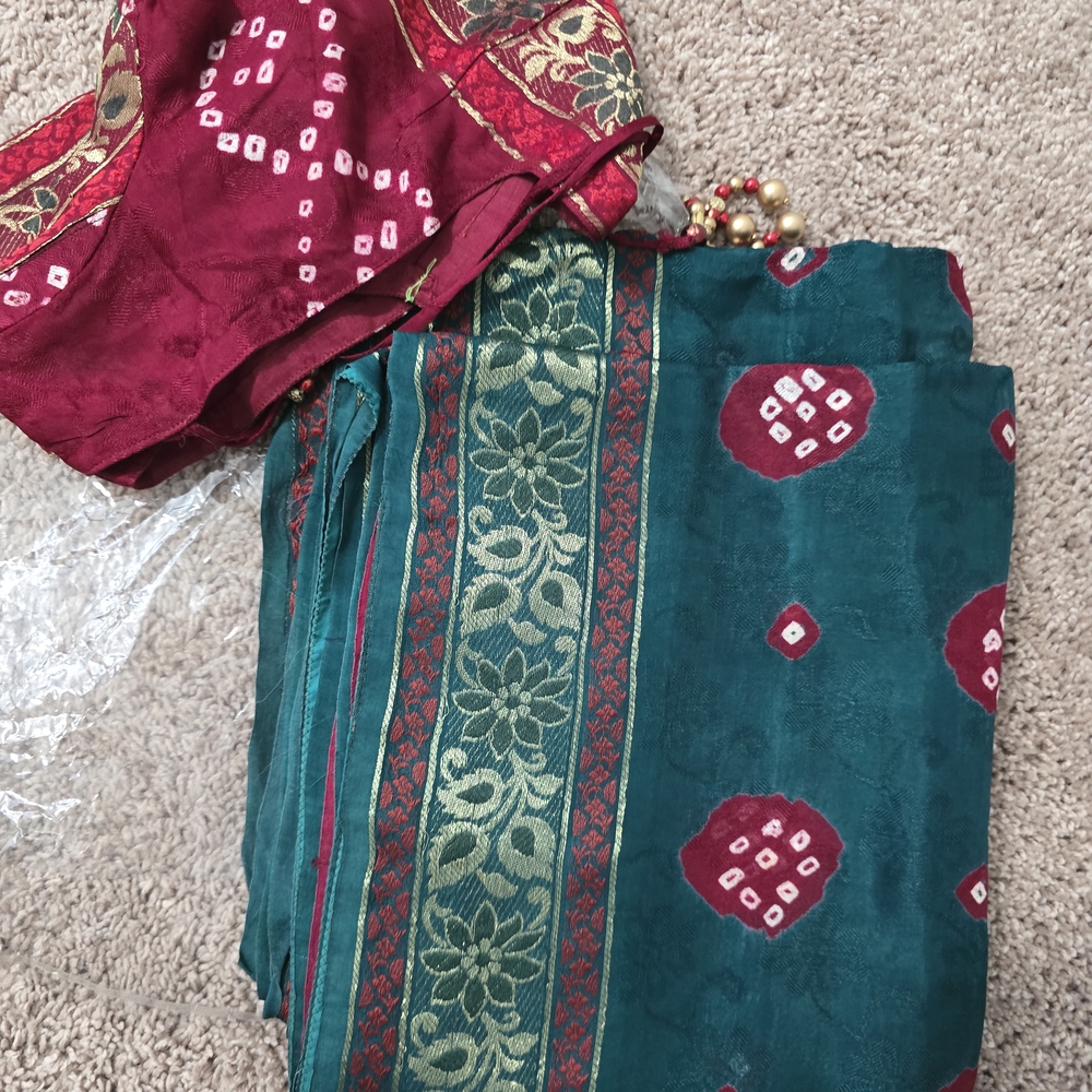 Bombay Saree in Teal and Maroon with Gold Accents